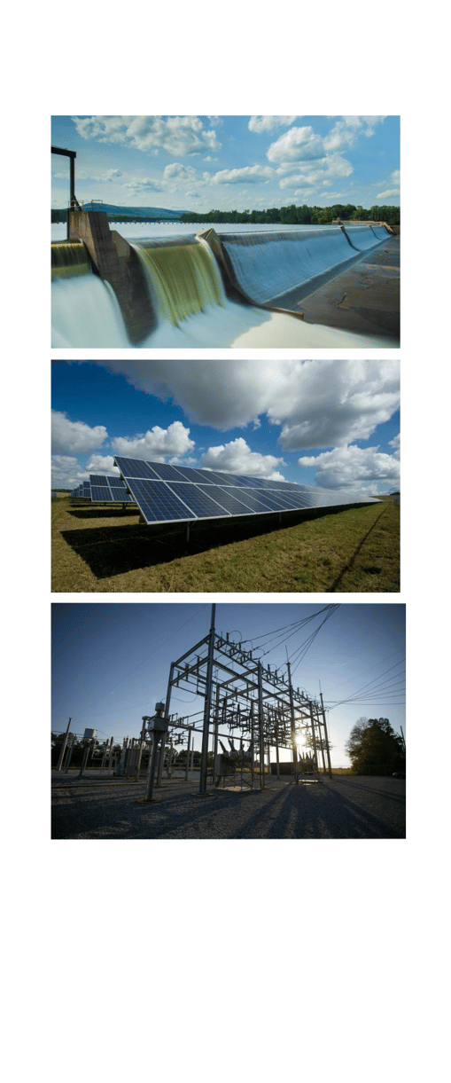 Barrage hydroélectrique, parc de panneaux solaires et sous-station électrique
